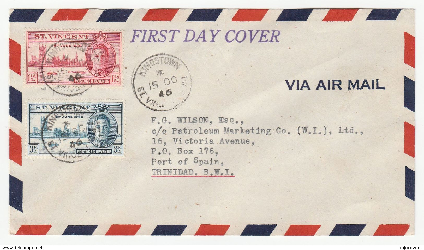 1946 St Vincent VICTORY FDC  To PETROLEUM MARKETING Co Trinidad Petrochemicals Energy Oil - St.Vincent (...-1979)