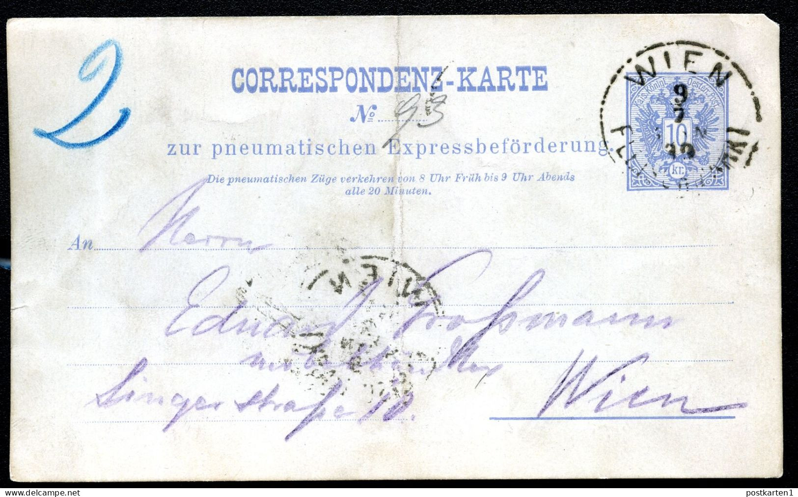 Rohrpost-Postkarte RP11 Wien-Fleischmarkt 1889 - Tarjetas