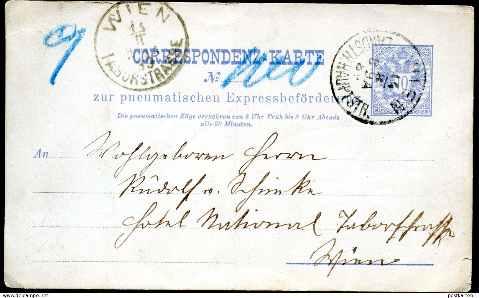 Rohrpost-Postkarte RP11 Wien-Landstr.-Hauptstr. - W-Taborstr. 1889 - Cartoline