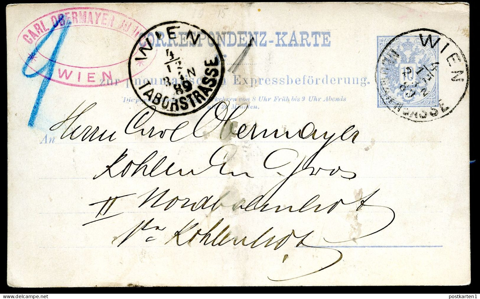 Rohrpost-Postkarte RP11 Wien-Zieglergasse - W.-Taborstrasse 1889 - Briefkaarten