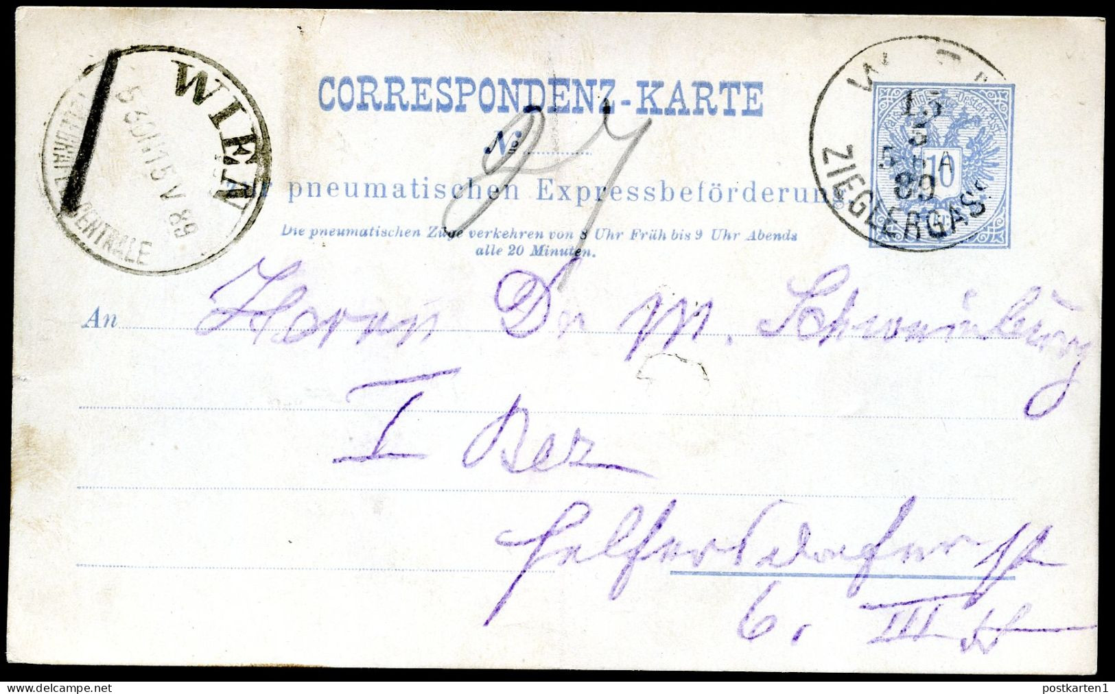 Rohrpost-Postkarte RP11 Wien-Zieglergasse - W.-Telegrafen-Centrale 1889 - Cartoline