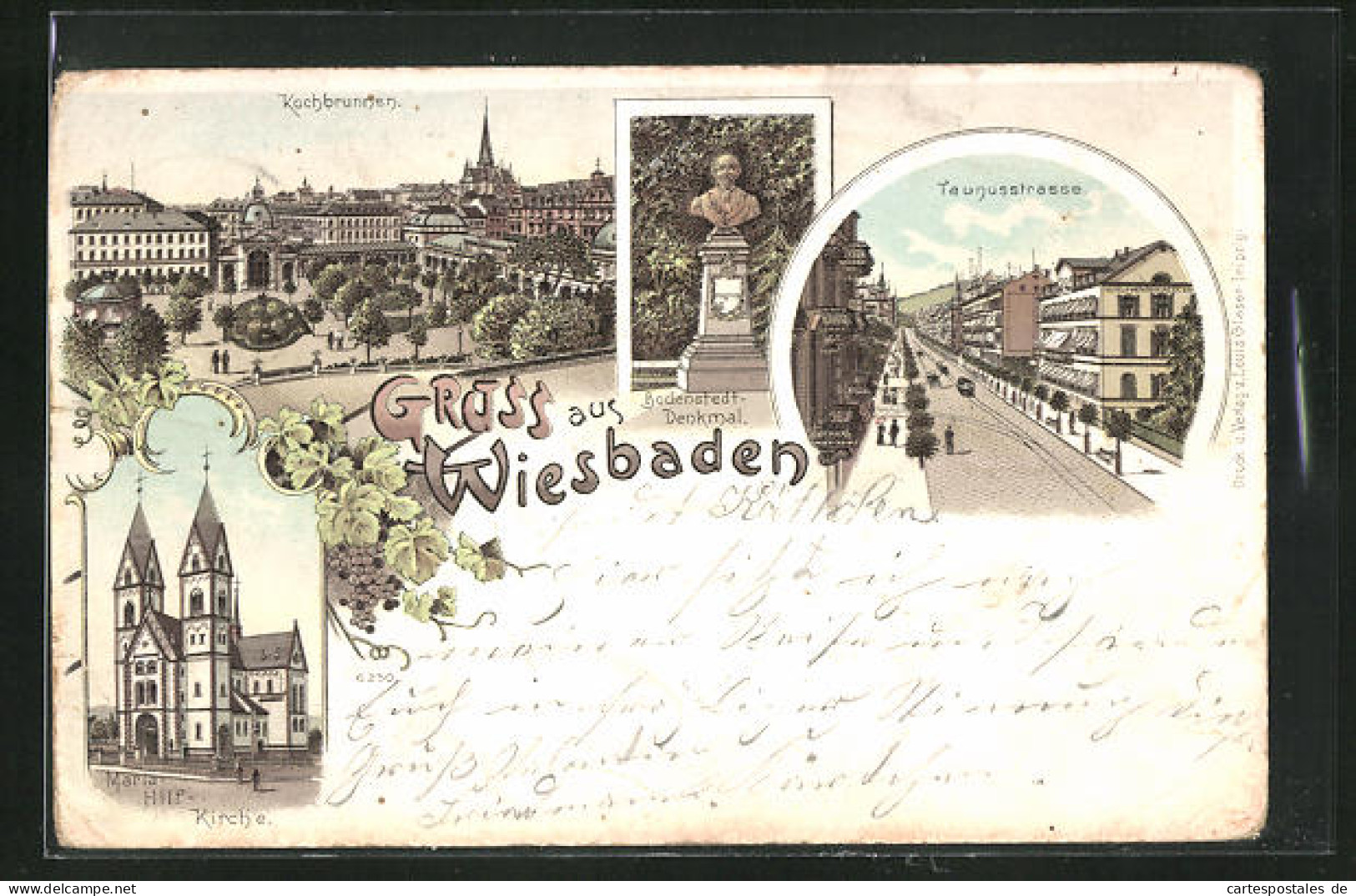 Lithographie Wiesbaden, Kochbrunnen, Taunusstrasse & Maria Hilf Kirche  - Wiesbaden
