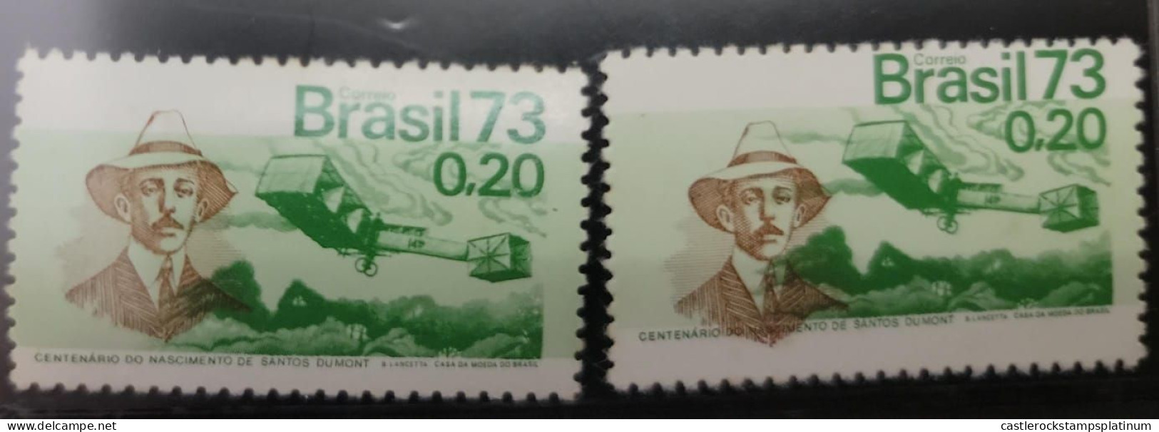 O) 1973 BRAZIL,  ERROR - RIGHT SIDE IMAGE, SANTOS DUMONT AND 14 BIS PLANE, SCT 1295 20c  Green,  ALBERTO SANTOS DUMONT - - Andere & Zonder Classificatie