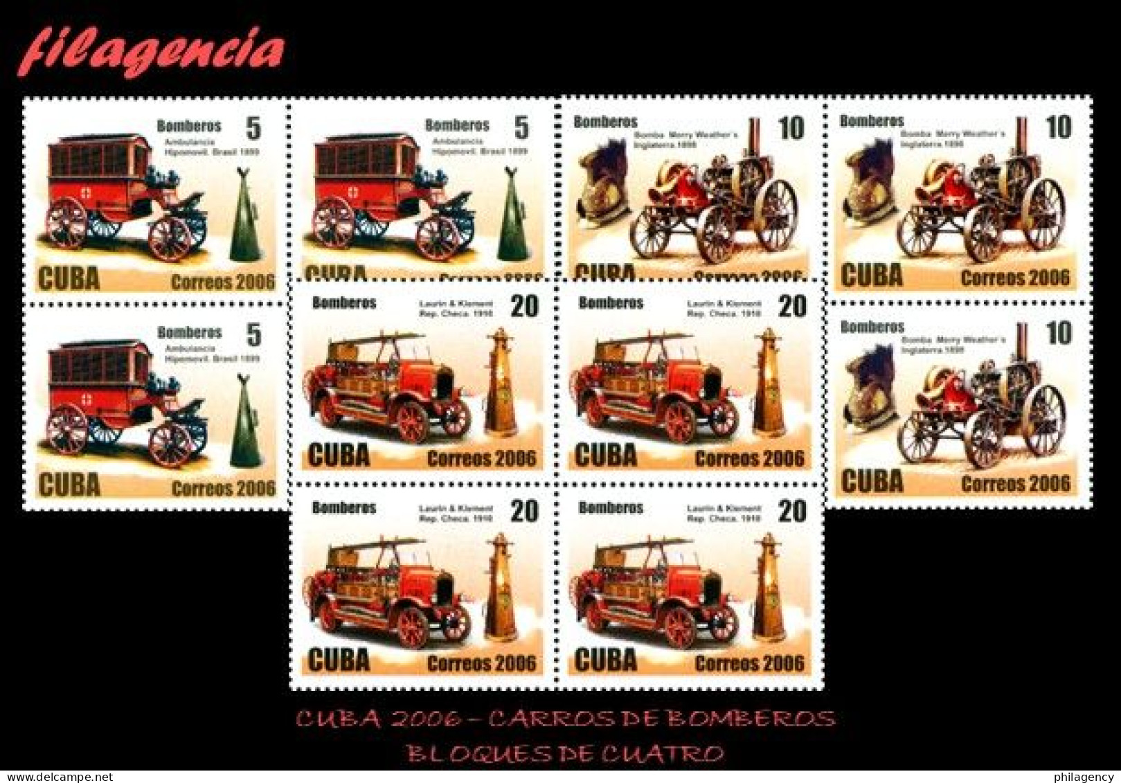 CUBA. BLOQUES DE CUATRO. 2006-30 ANTIGUOS CARROS DE BOMBEROS - Neufs
