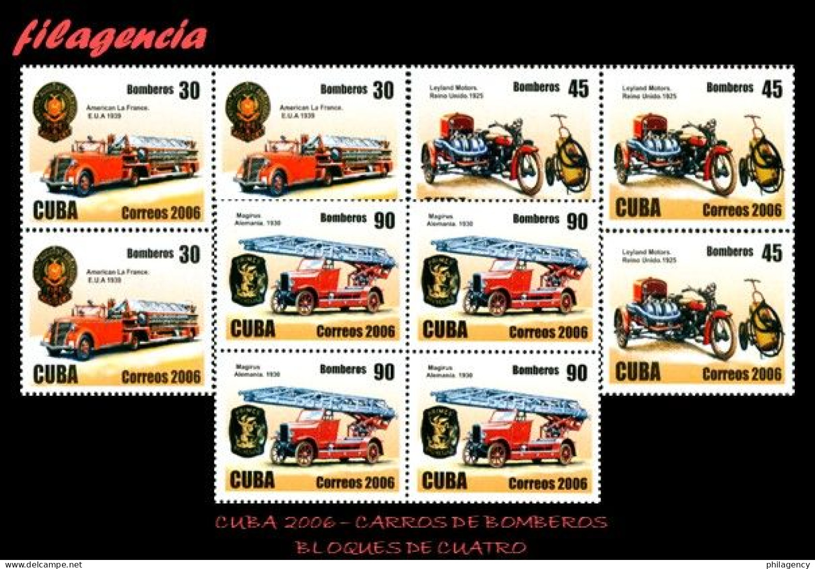 CUBA. BLOQUES DE CUATRO. 2006-30 ANTIGUOS CARROS DE BOMBEROS - Nuovi
