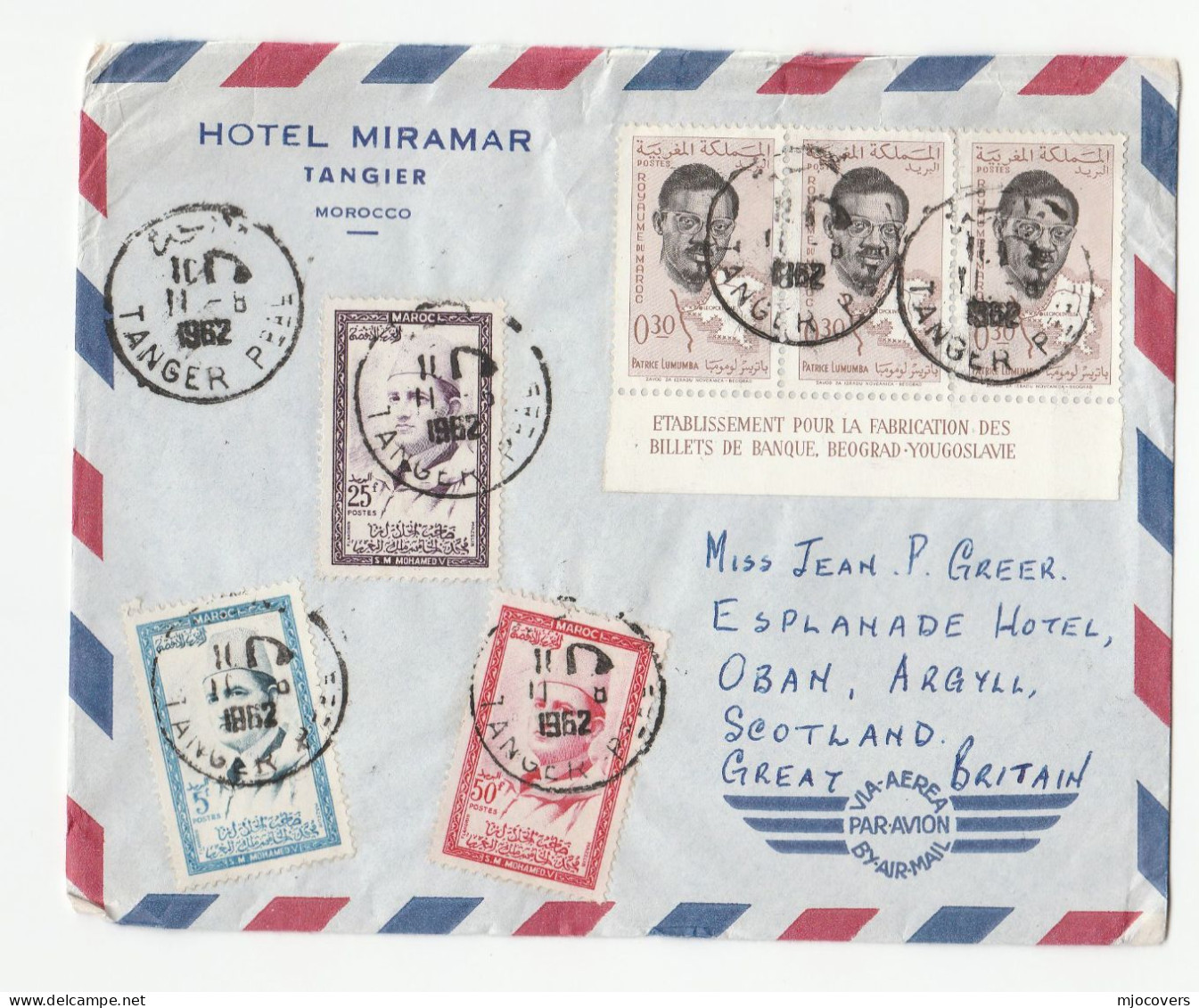 1962 Morocco COVER Multi Patrice Lumumba Map Bank  Stamps HOTEL MIRAMAR Tangier Air Mail To GB - Marokko (1956-...)