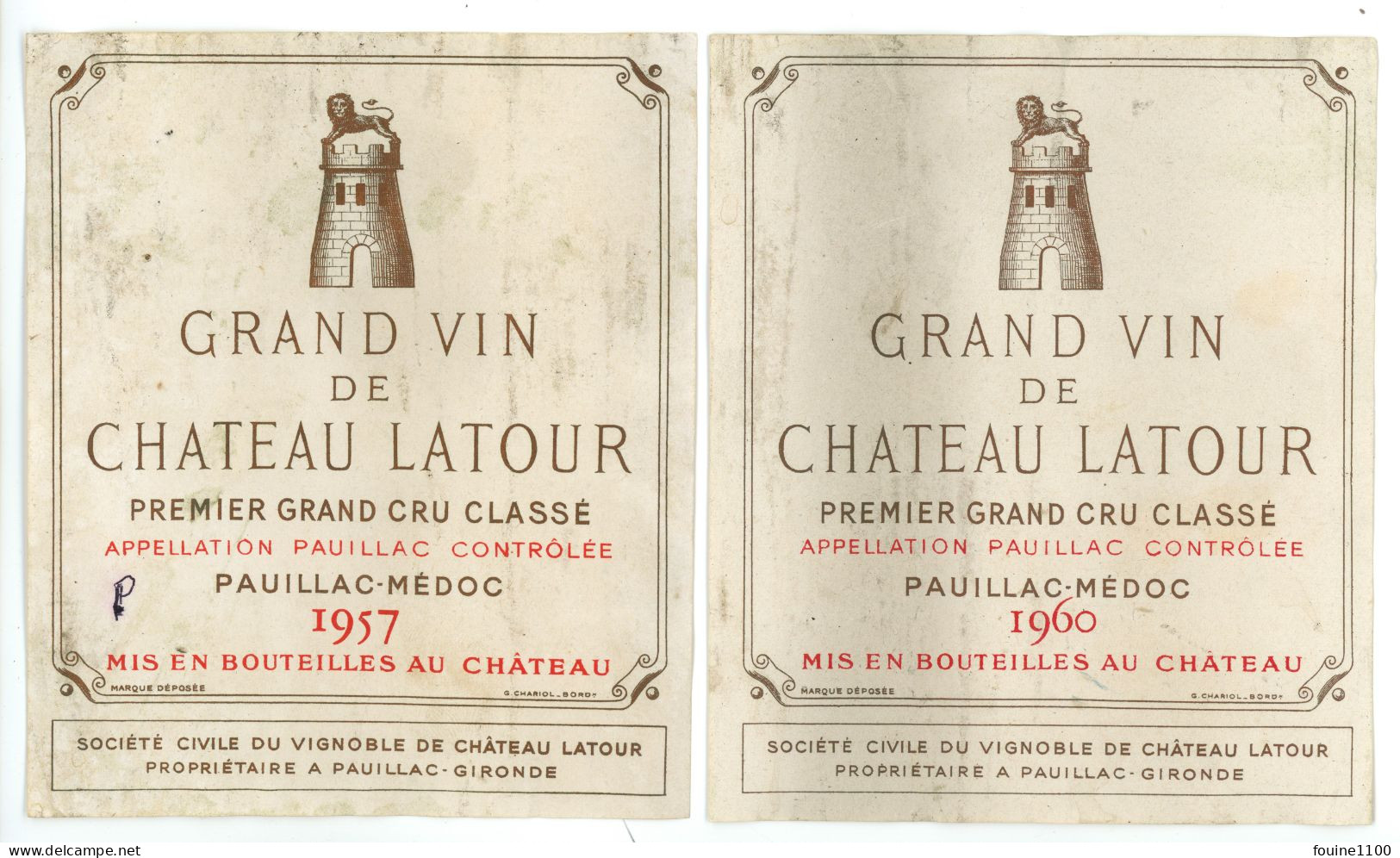 LOT De 2 " Etiquette " De Vin Bordeaux Grand Vin De Chateau Latour 1957 Et 1960 Premier Grand Cru Classé Médoc Pauillac - Bordeaux