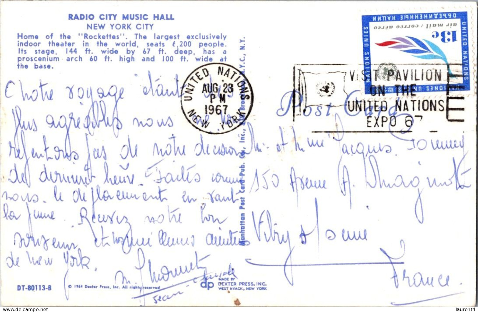 26-4-2024 (3 Z 6) USA (posted To France 1967) Witt UN Stamp - Radio City Music Hall In New York City - Music And Musicians