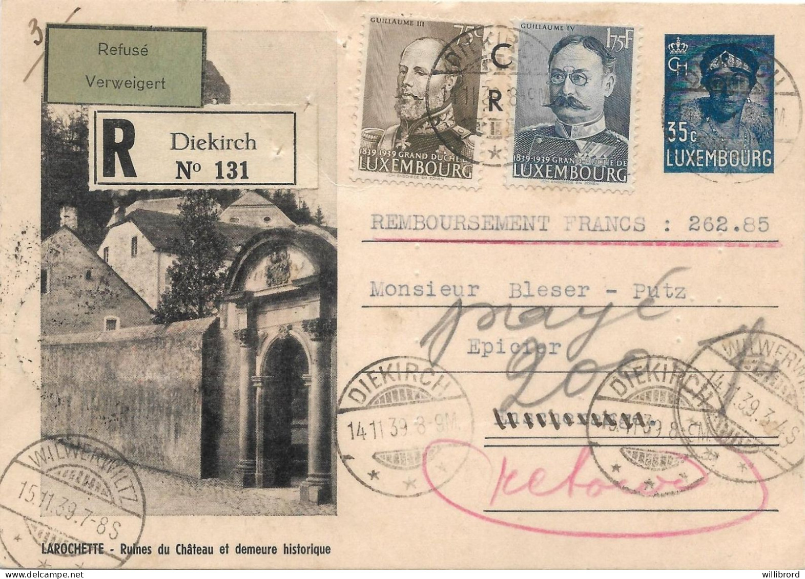 LUXEMBOURG - WILWERWILTZ 1939 Larochette View 35c Charlotte P111a Postal Stationery - Remboursement 75c 1.75F Centenary - Interi Postali