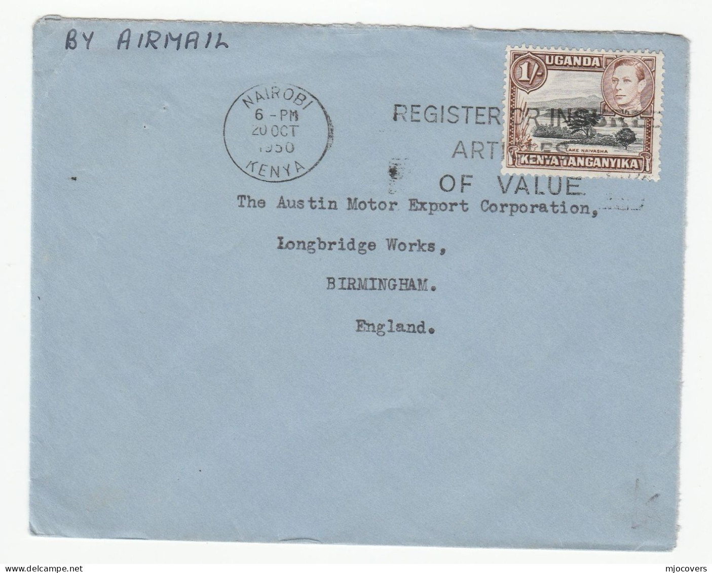 1950 Nairobi KENYA To AUSTIN MOTOR Co GB Lake Naivasha Stamps REGISTER ARTICLES Slogan COVER Car - Kenya, Uganda & Tanganyika