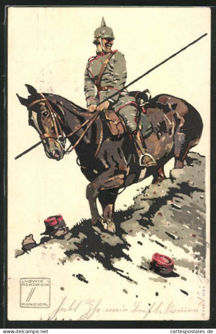 Künstler-AK Ludwig Hohlwein: Soldat In Uniform Mit Pickelhaube Zu Pferde  - Hohlwein, Ludwig
