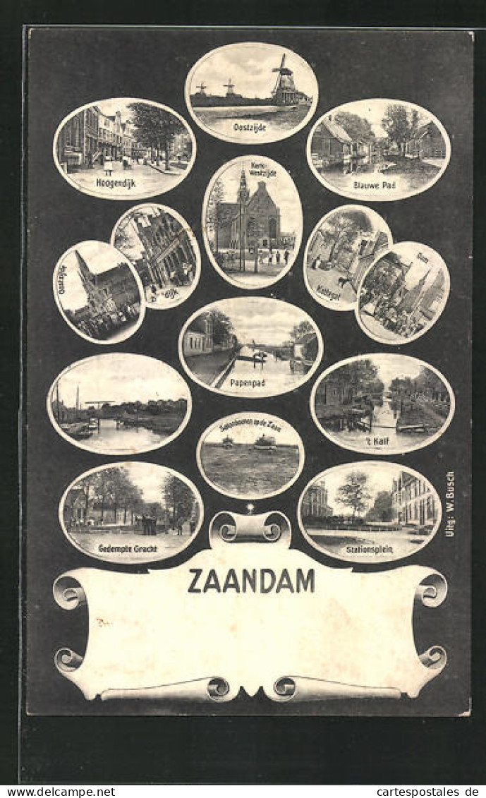 AK Zaandam, Gedempte Gracht, Salonbooten, 't Kalf, Stationsplein  - Zaandam