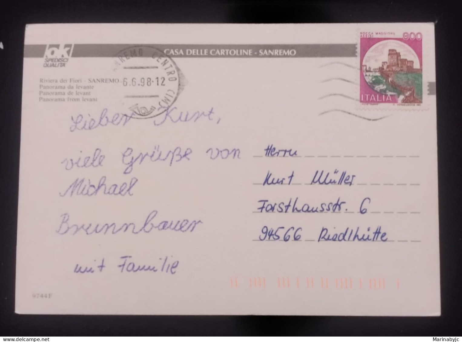 D)1998, ITALY, POSTCARD SENT TO GERMANY, WITH STAMP CASTLES OF ITALY, ROCCA MAGGIORE, ASSISI, XF - Unclassified