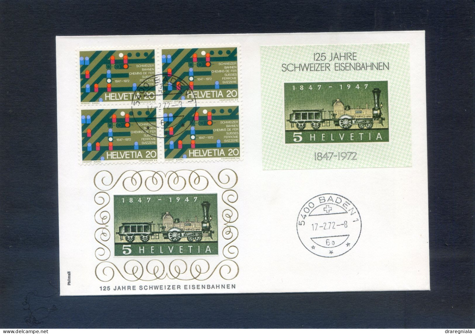 SUISSE 1972 125 Jahre Schweizer Eisenbahnen - Cachet 5400 Baden 17 2 72 - Blokken