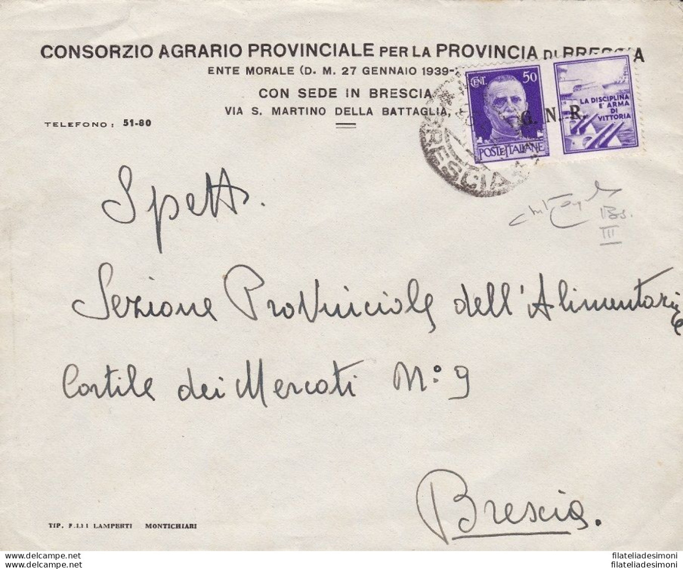 1944 RSI - PG 21/II 50c. Violetto Isolato Su Lettera Firmata Raybaudi - Entero Postal