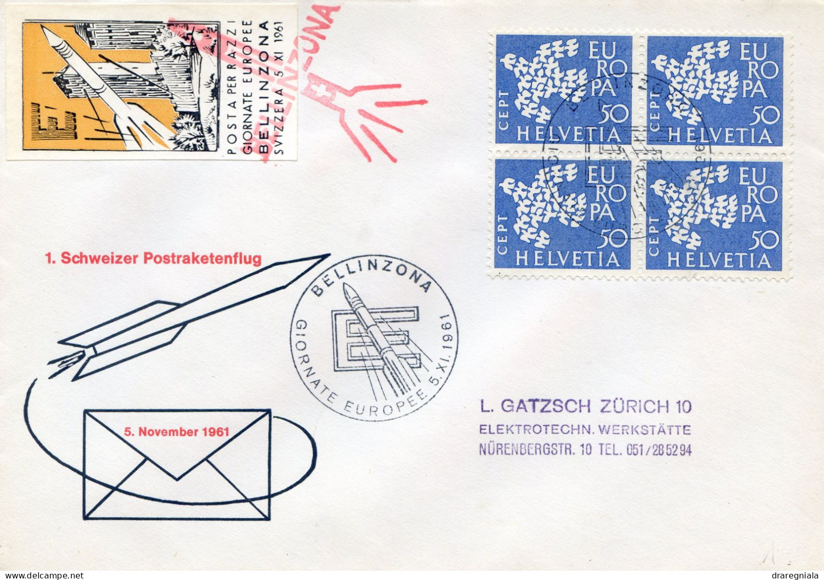 Suisse // Schweiz // Poste Aérienne // 1961// Bellinzona, Courrier Par Racket 5.11.1961 + Vignette (couleur Jaune) - Andere & Zonder Classificatie