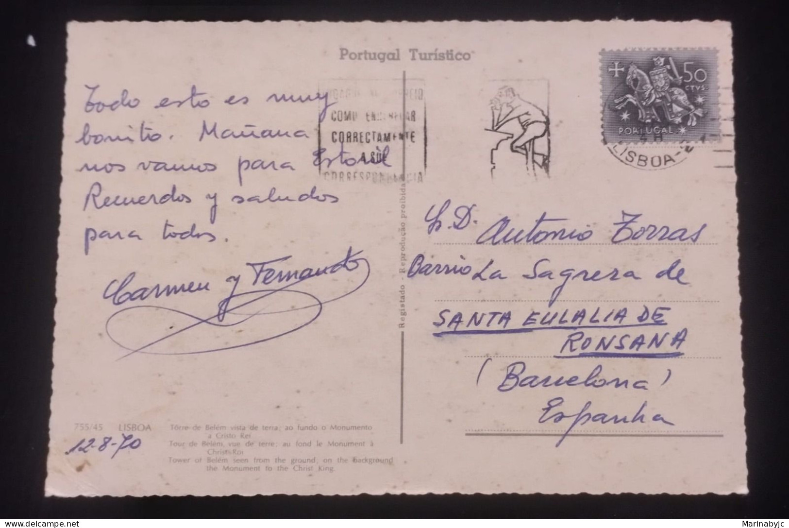 D)1970, PORTUGAL, POSTCARD SENT TO SPAIN, WITH MEDIEVAL KNIGHT STAMP, COAT OF KING DINIS, XF - Sonstige & Ohne Zuordnung