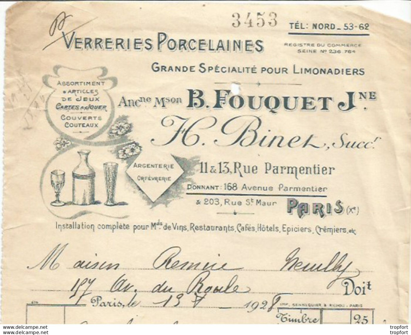 CA / Facture Ancienne 1928 Verrerie PORCELAINE FOUQUET PARIS Carte A Jouer Couverts Jeux Timbre Fiscal - Straßenhandel Und Kleingewerbe