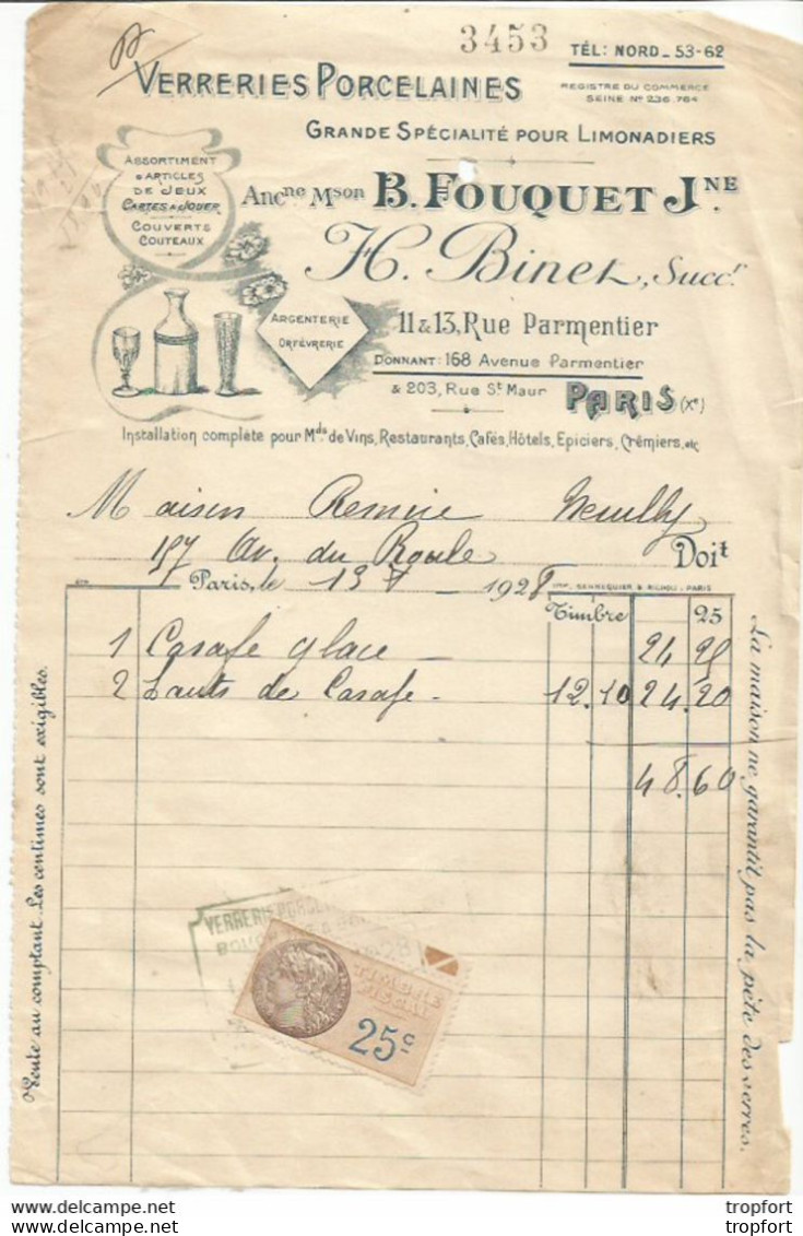 CA / Facture Ancienne 1928 Verrerie PORCELAINE FOUQUET PARIS Carte A Jouer Couverts Jeux Timbre Fiscal - Old Professions