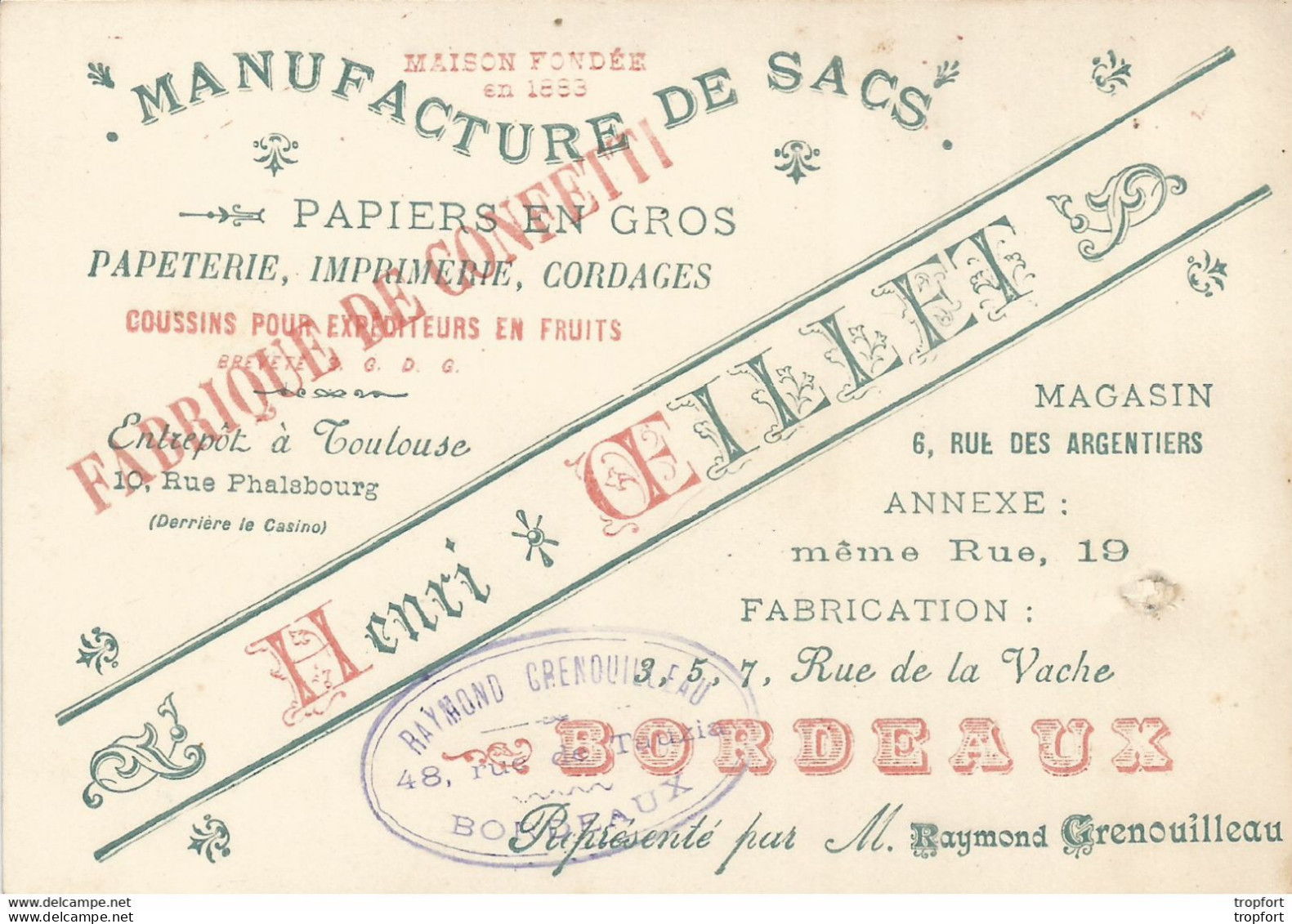 F152 / CDV Carte Publicitaire De Visite PUB Advertising Card / MANUFACTURE DE SACS OEILLET BORDEAUX Papier Cordages - Cartes De Visite