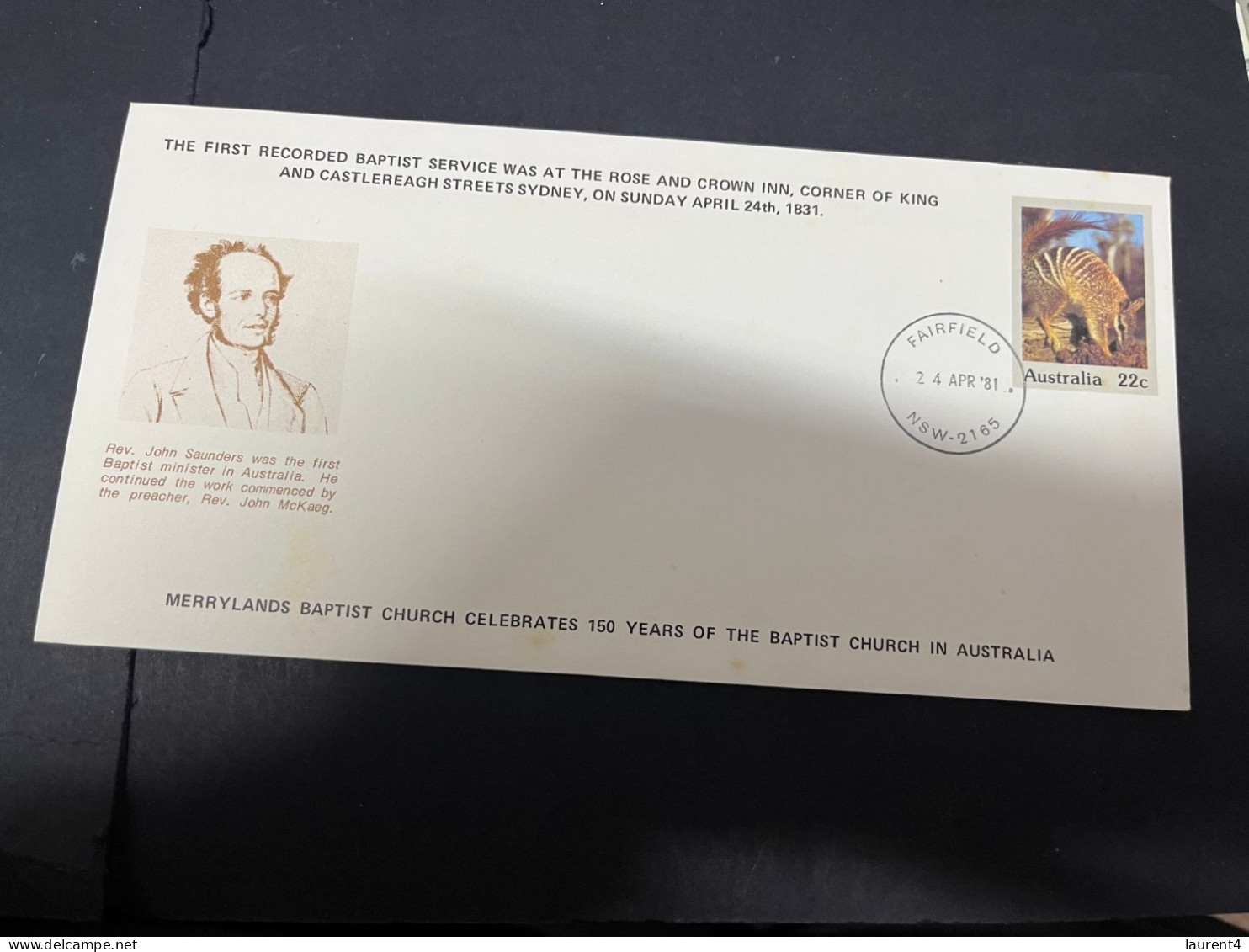 26-4-2024 (3 Z 9) Australia FDC - 1981 - Religious - 1st Baptist Service Recorded In Sydney (special P/m) - Omslagen Van Eerste Dagen (FDC)