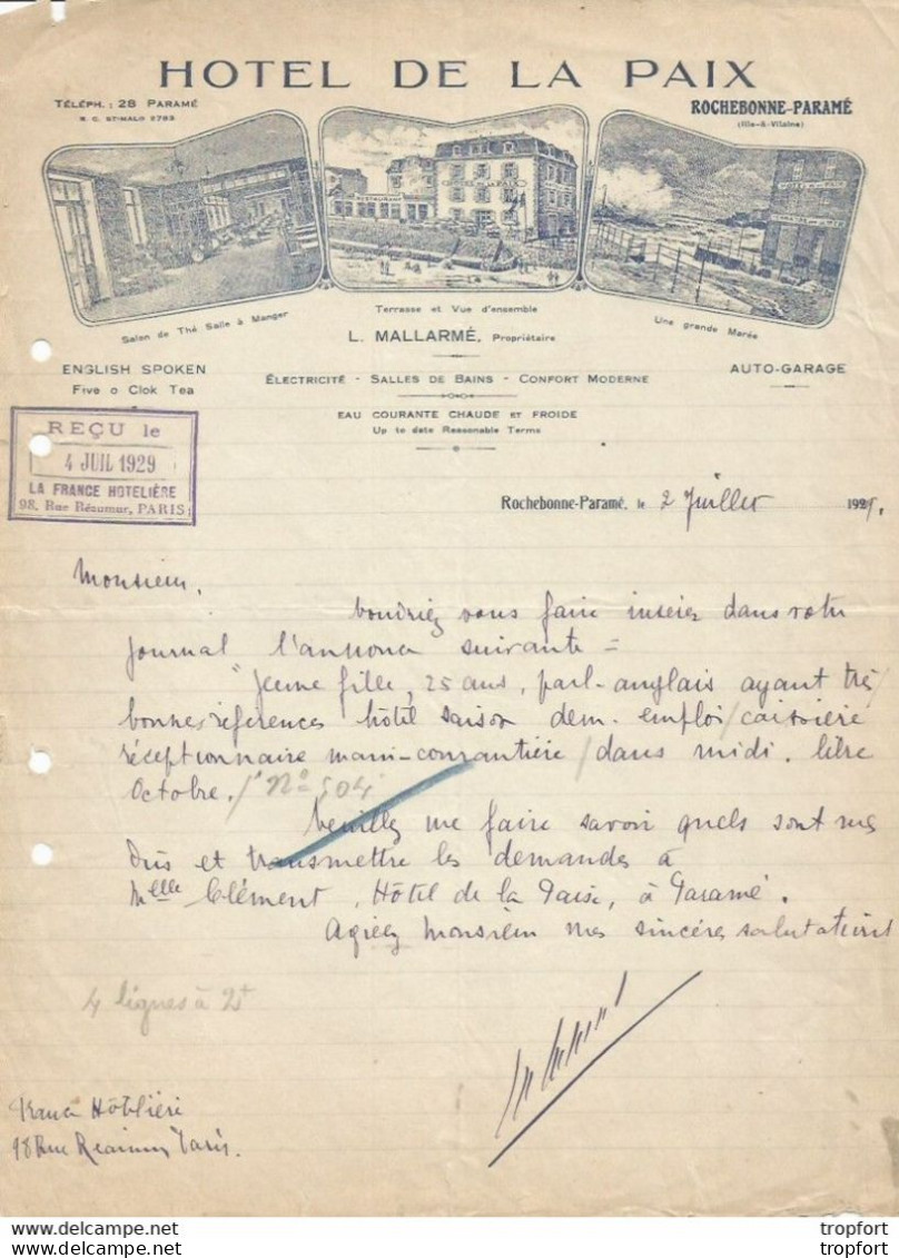 AT / Facture Ancienne HOTEL DE LA PAIX ROCHEBONNE-PARAME 1929 Mallarmé - Artigianato
