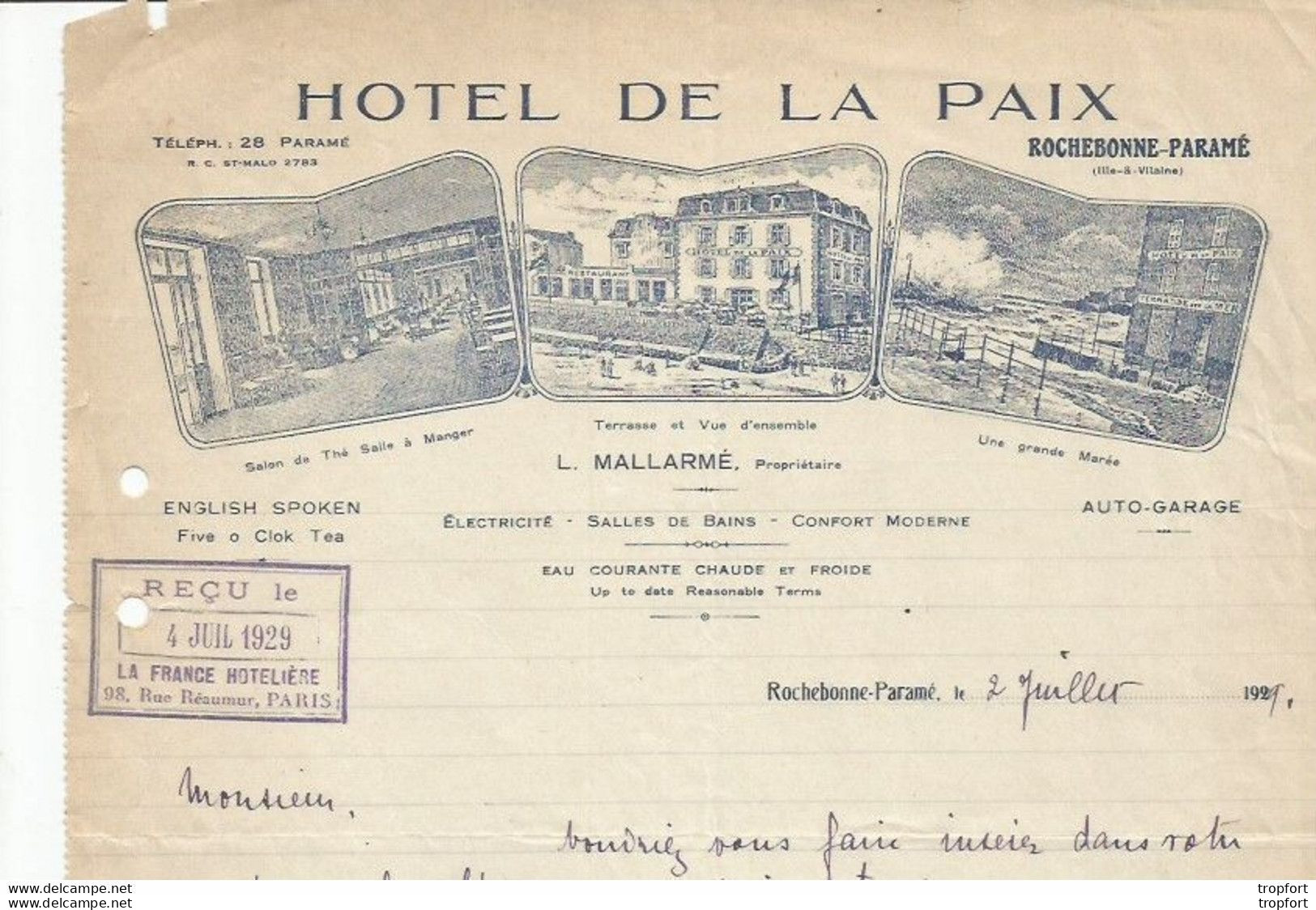 AT / Facture Ancienne HOTEL DE LA PAIX ROCHEBONNE-PARAME 1929 Mallarmé - Straßenhandel Und Kleingewerbe