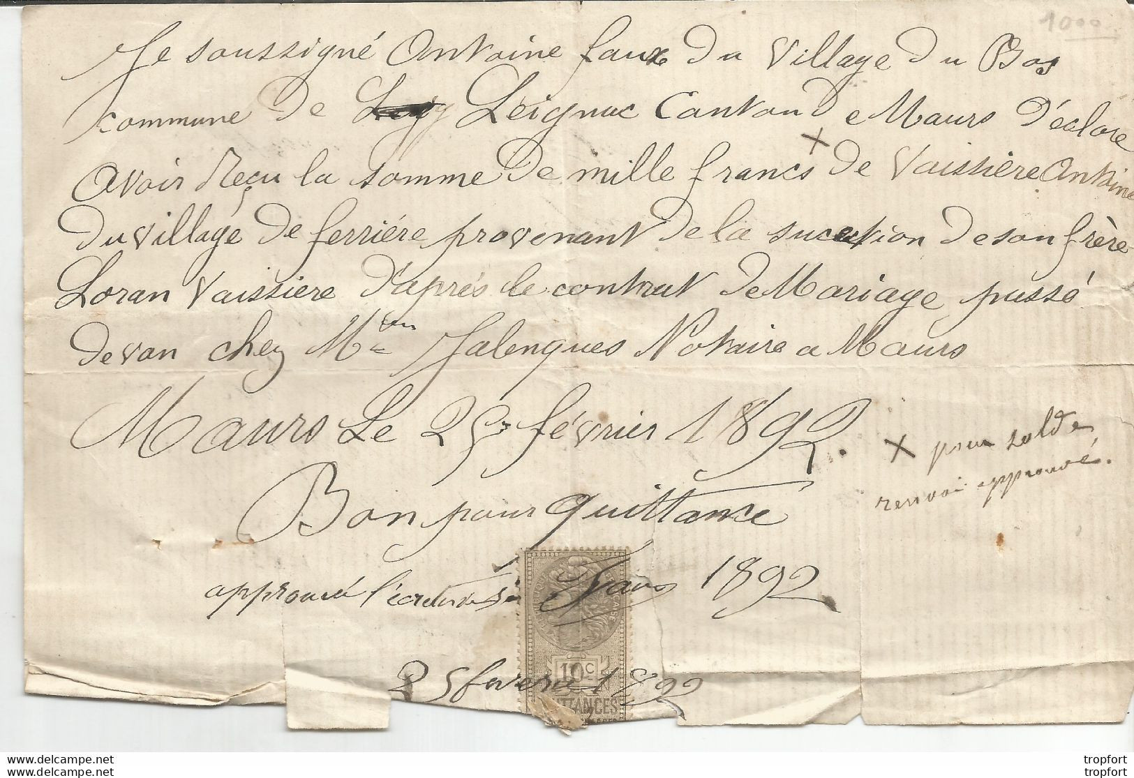 PZ / Facture Ancienne LETTRE 1892 COMMUNE DE LEIGNAC Canton De MAURS FERRIERE Timbre Fiscal - Ambachten