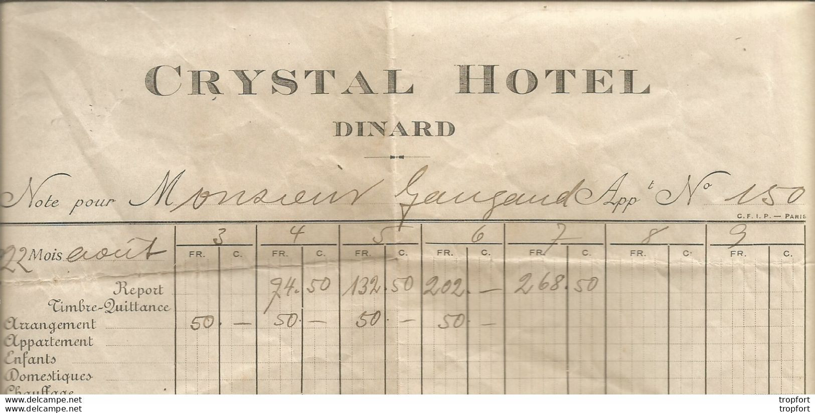 PY / LETTRE Entête PUBLICITAIRE Pub HOTEL CRYSTAL HOTEL DINARD Facture Note 1922 - Old Professions