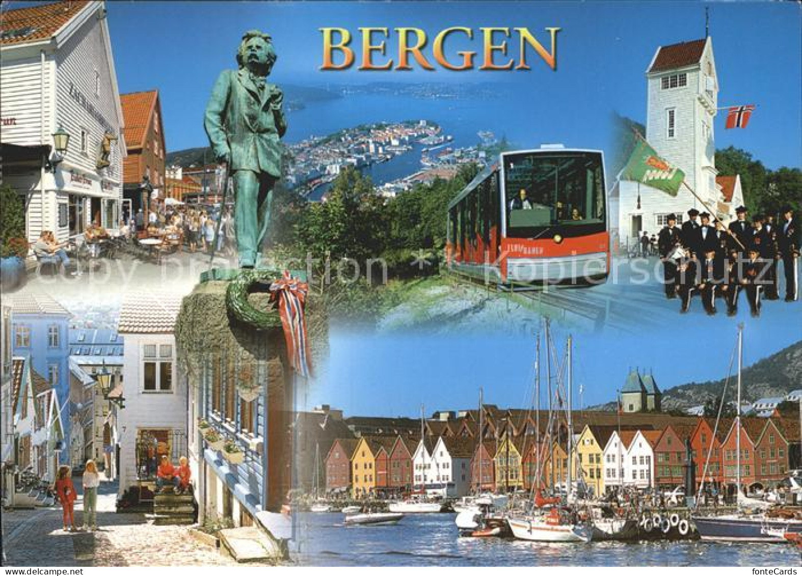 72253636 Bergen Norwegen Altstadt Statue Bahn Musikkapelle Hafen Segelboot Norwe - Norwegen