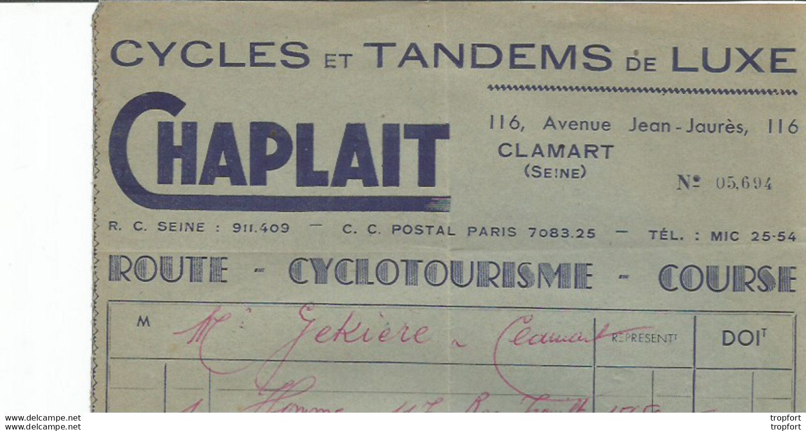 M13 / Old Invoice Lettre FACTURE Ancienne CHAPLAT Cycle Tandem De Luxe CLAMART Vélo Cycle CHAPLAIT - Artigianato