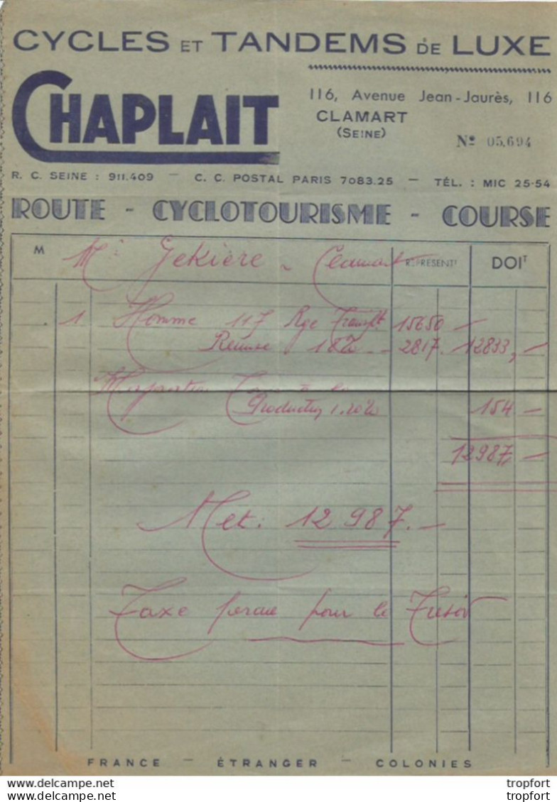 M13 / Old Invoice Lettre FACTURE Ancienne CHAPLAT Cycle Tandem De Luxe CLAMART Vélo Cycle CHAPLAIT - Straßenhandel Und Kleingewerbe