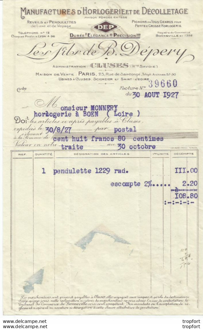M11 Cpa / Old Invoice Lettre FACTURE Ancienne CLUSES 74 1927 HORLOGERIE DEPERY - Straßenhandel Und Kleingewerbe