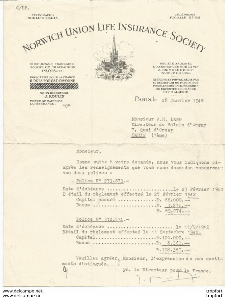 M11 Cpa / Old Invoice Lettre FACTURE Ancienne NORWICH UNION Assurance 1946 PARIS ORSAY - Petits Métiers