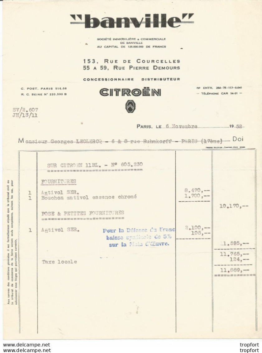 M11 Cpa / Old Invoice Lettre Facture Ancienne CITROEN BANVILLE Facture Pour Citroen 11BL 1952 - Ambachten