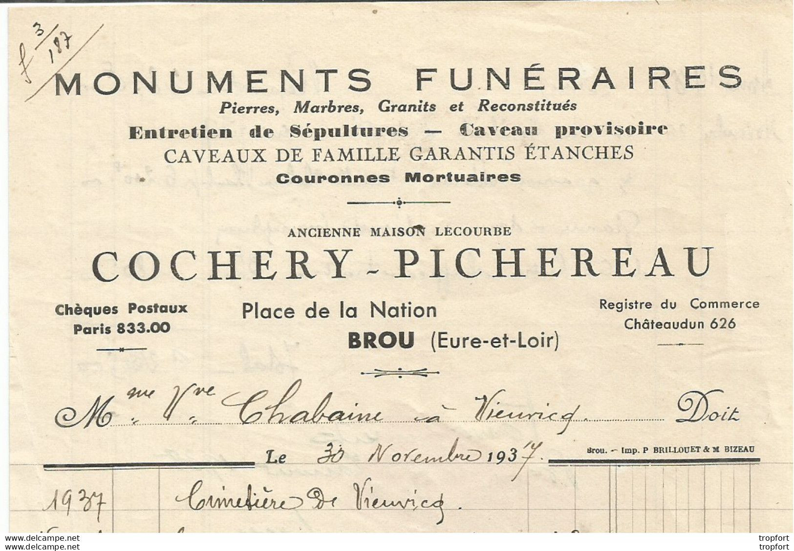 M12 Cpa / Old Invoice / Facture LETTRE Ancienne BROU Cochey-pihereau MONUMENTS FUNERAIRES - Petits Métiers