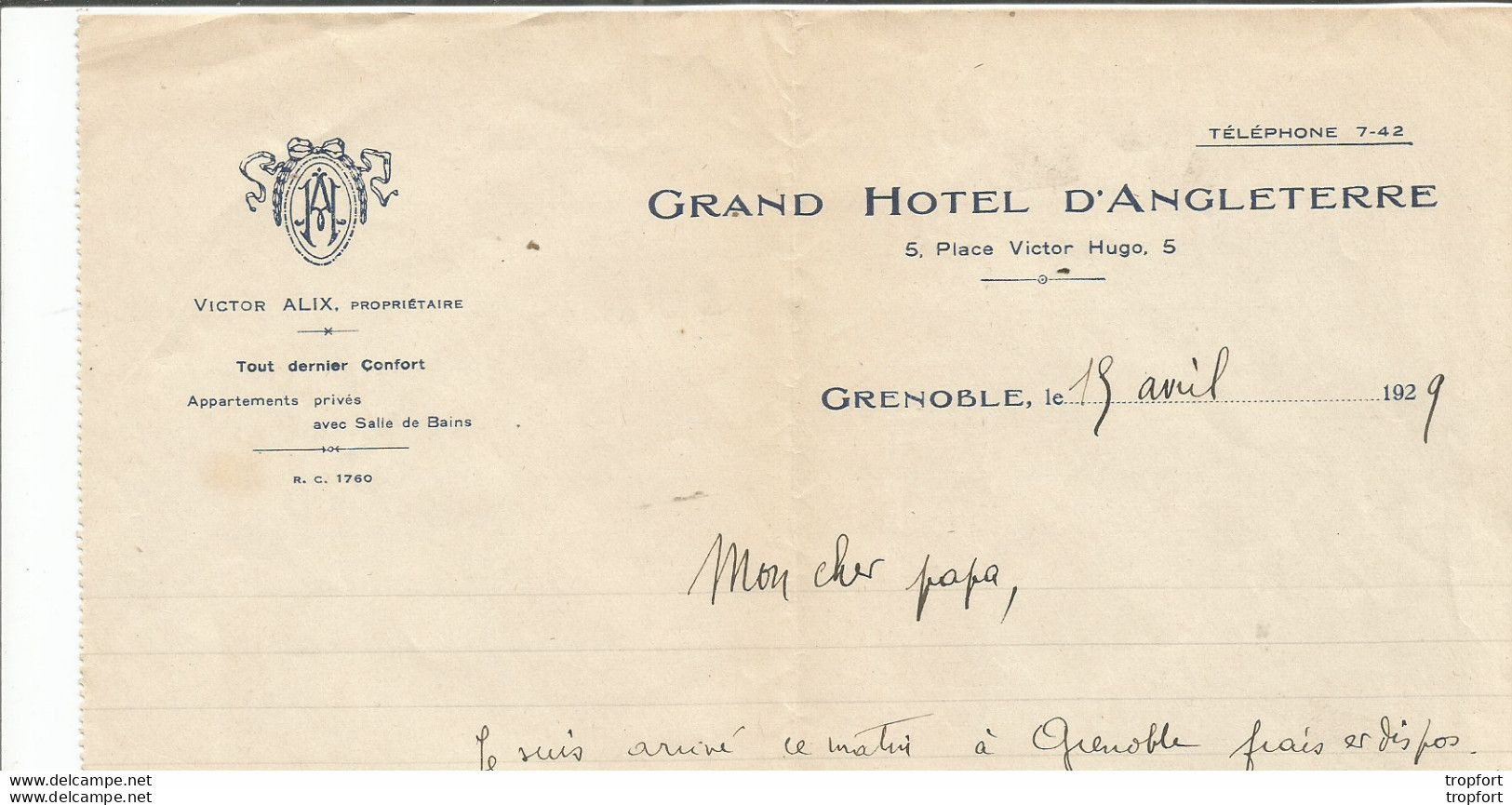 M12 Cpa / Old Invoice / Facture LETTRE Ancienne GRENOBLE 38 GRAND HOTEL D'ANGLETERRE 1929 - Ambachten