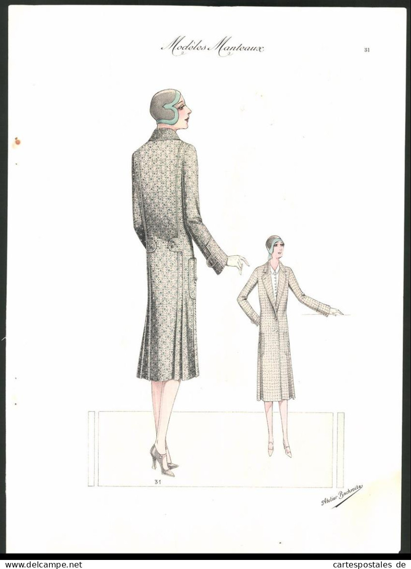 Modeentwurf Art Deco 1930, Modeles Manteaux, Model Im Mantel Mit Muster, Lithographie Atelier Bachwitz, Wien  - Lithografieën