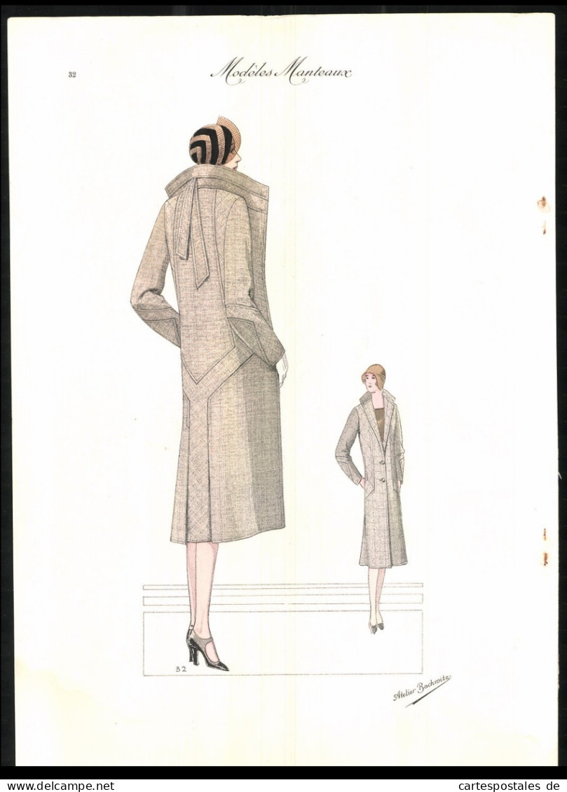 Modeentwurf Art Deco 1930, Modeles Manteaux, Model Im Mantel Mit Muster, Lithographie Atelier Bachwitz, Wien  - Litografia