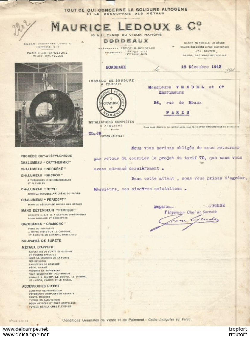 M12 Cpa / Old Invoice / Facture LETTRE Ancienne BORDEAUX 1913 Maurice LEDOUX Soudure Autogene - Artesanos