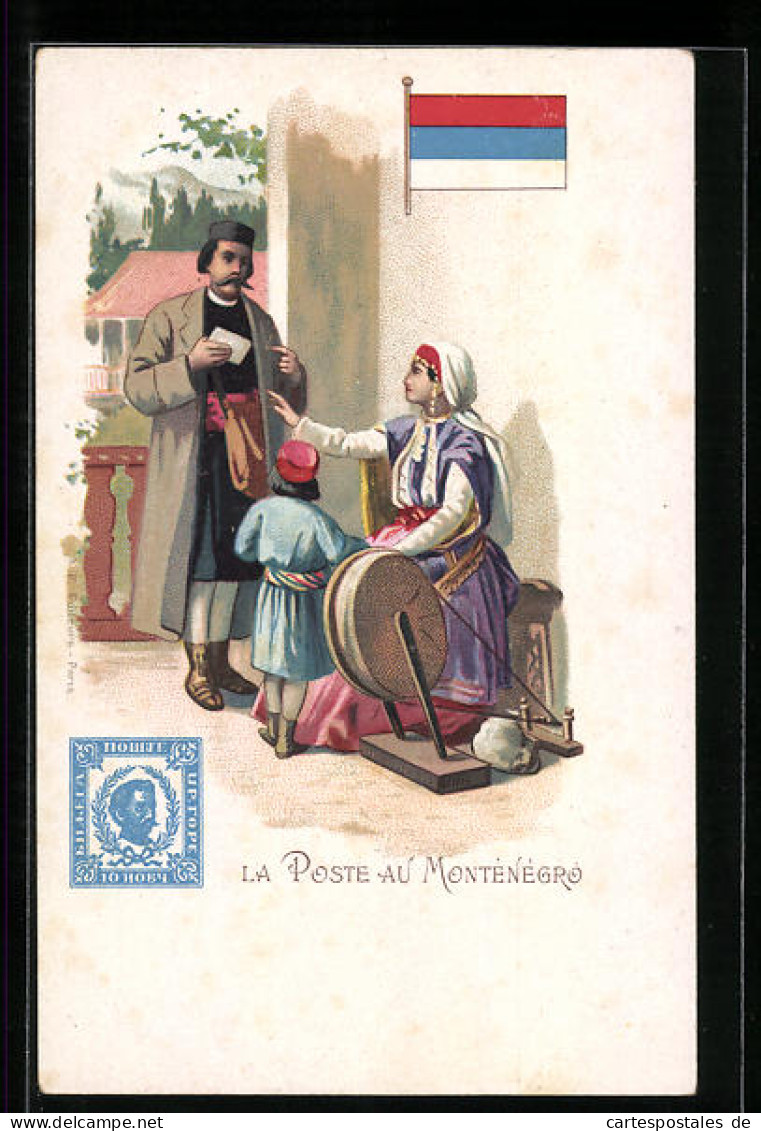 Lithographie Briefträger Aus Montenegro überreicht Frau Einen Brief  - Postal Services