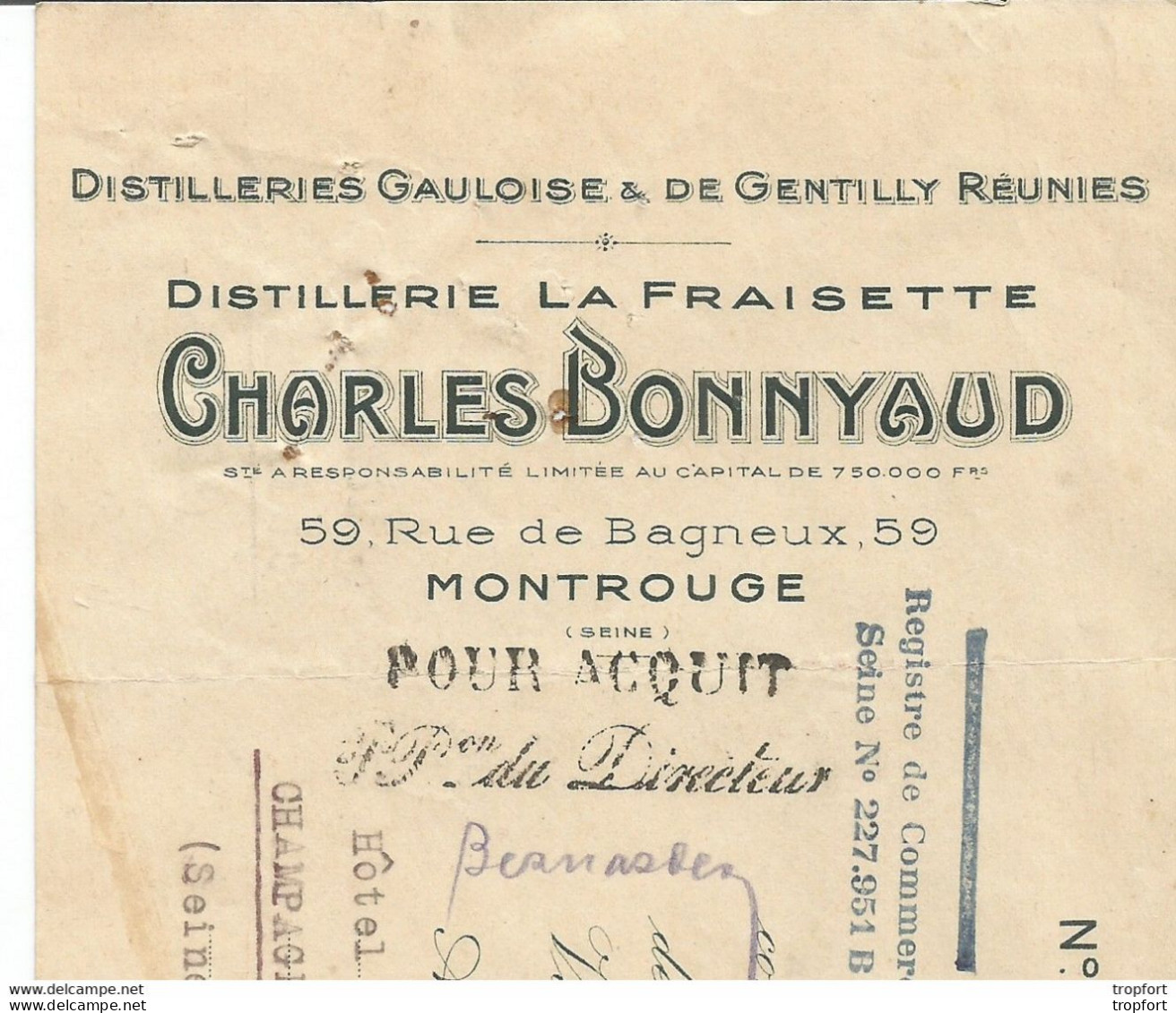 M11 Cpa / Old Invoice Facture LETTRE Ancienne Charles BONNYAUD Montrouge 1927 DISTILLERIE LA FRAISETTE Timbres Fiscaux - Artesanos