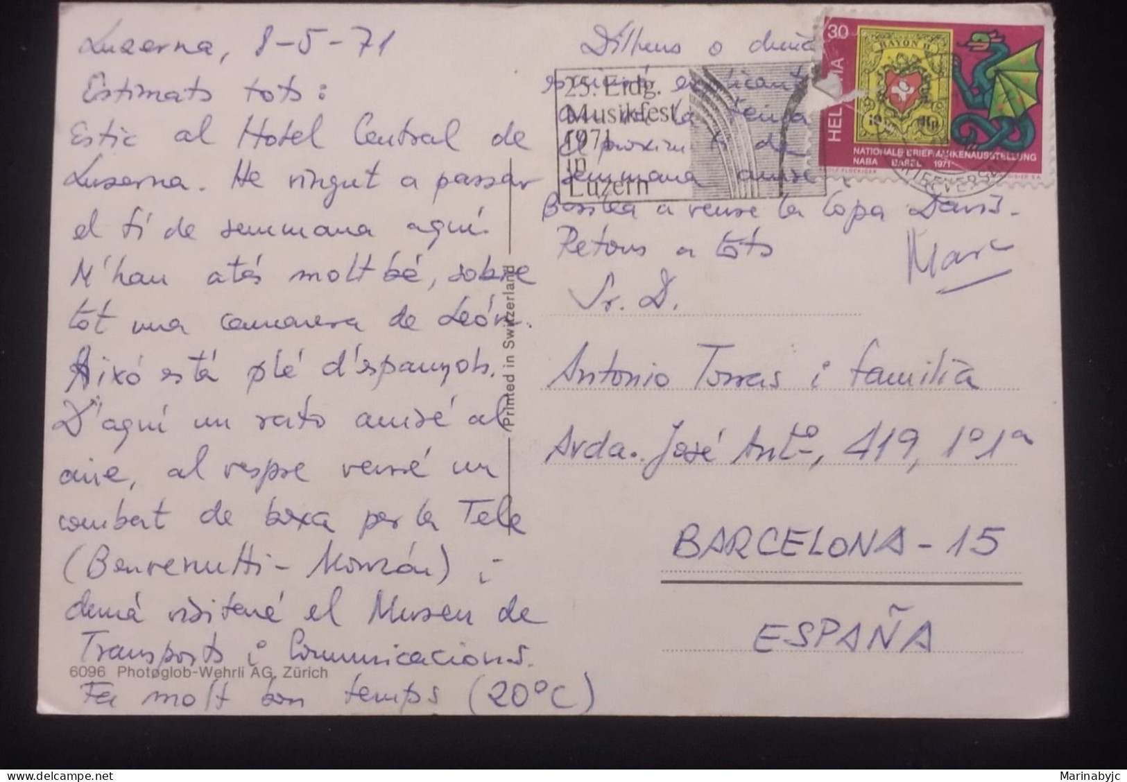 D)1971, SWITZERLAND, POSTCARD SENT TO SPAIN, WITH PROPAGANDA STAMP, NATIONAL PHILATELIC EXHIBITION "NABA", BASEL, XF - Autres & Non Classés