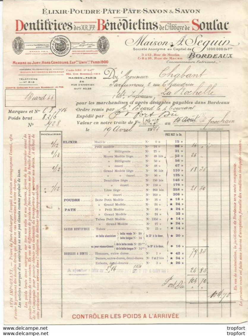 F14 Cpa / Old Invoice / Facture Lettre 1924 DENTIFRICE DES BENEDICTINS De L'abbaye De SOULAC - Artesanos