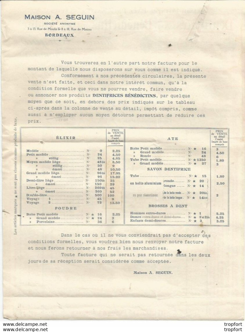 F14 Cpa / Old Invoice / Facture Lettre 1924 DENTIFRICE DES BENEDICTINS De L'abbaye De SOULAC - Old Professions