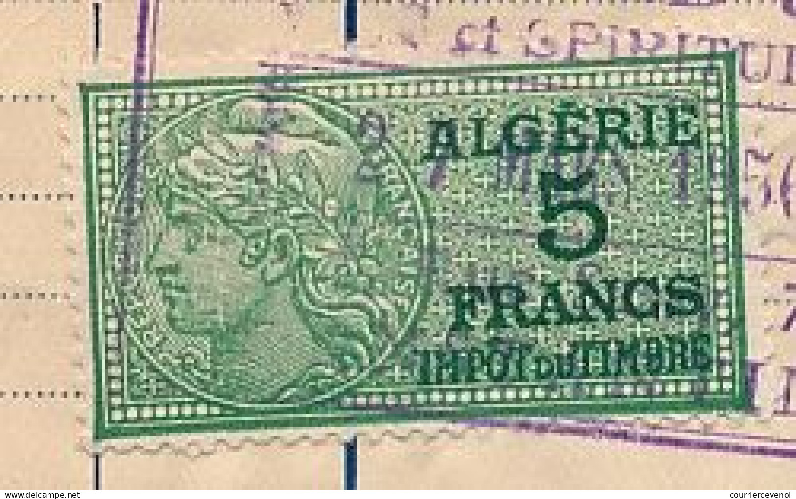 ALGERIE - 4 Fiscaux Impôt du Timbre 5 francs vert type Daussy sur facturettes Caves Pierrot Constantine 1956