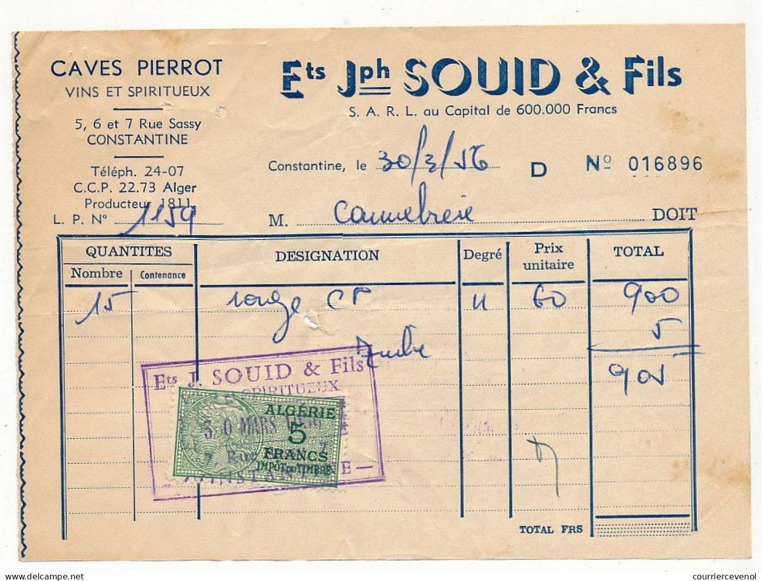 ALGERIE - 4 Fiscaux Impôt du Timbre 5 francs vert type Daussy sur facturettes Caves Pierrot Constantine 1956