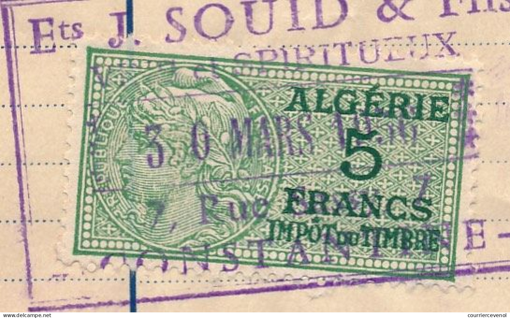 ALGERIE - 4 Fiscaux Impôt du Timbre 5 francs vert type Daussy sur facturettes Caves Pierrot Constantine 1956