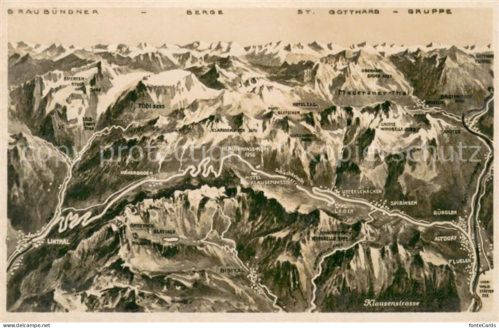 13737978 Klausenstrasse Panoramakarte Mit Graubuendner Berge Und St Gotthard Gru - Autres & Non Classés