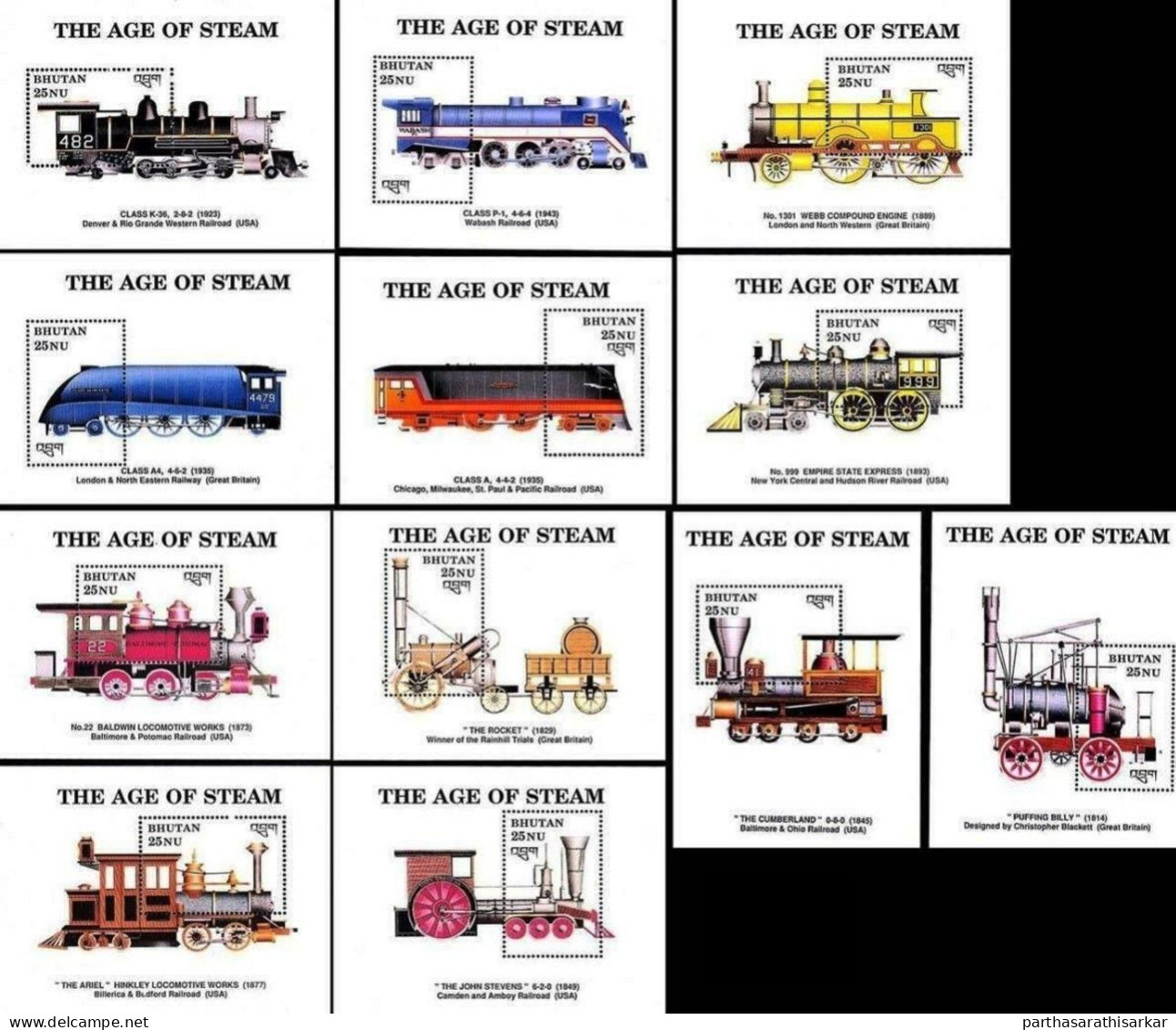 BHUTAN 1989 LOCOMOTIVES TRAINS COMPLETE SET OF 12V MINIATURE SHEETS MS MNH - Bhoutan